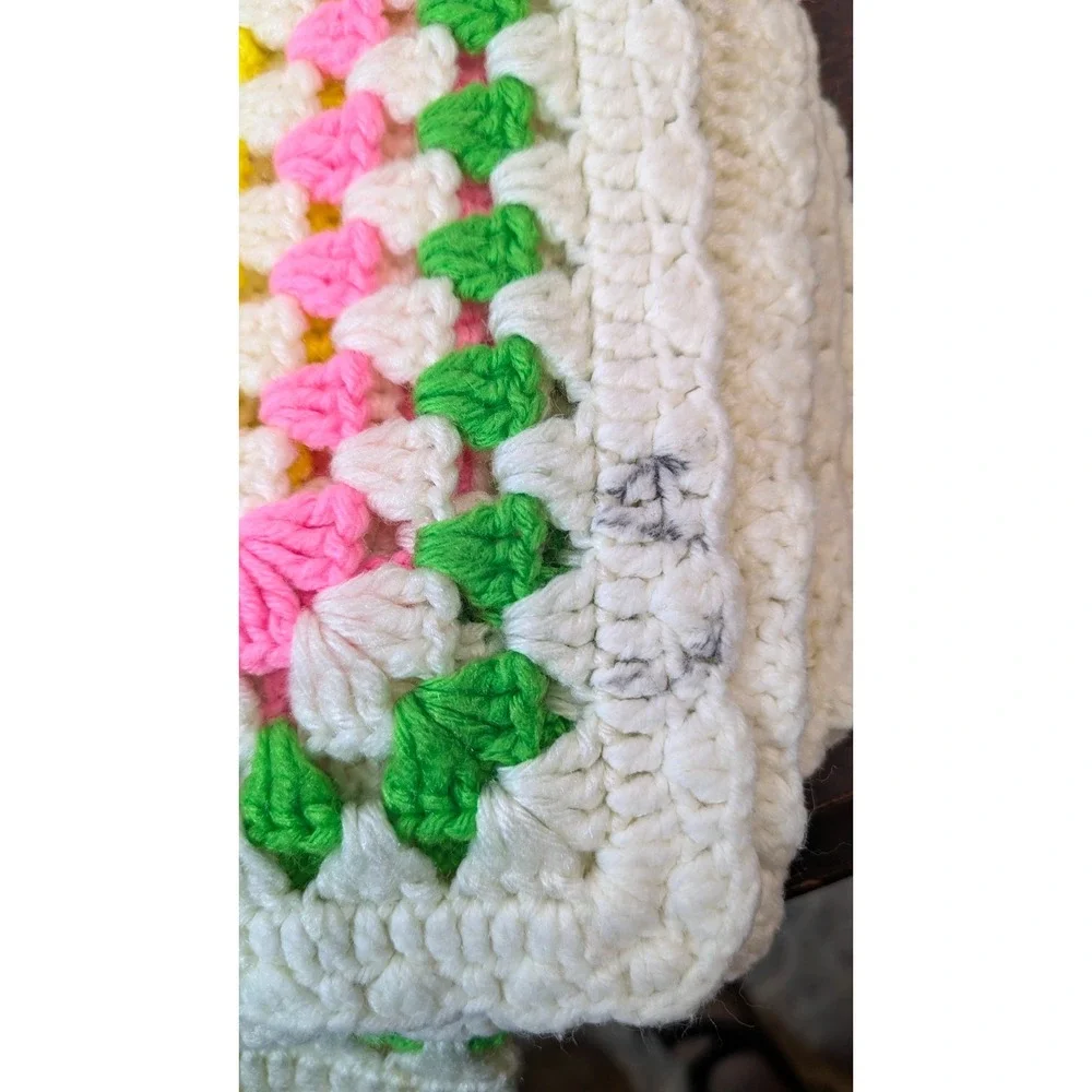 Vintage Handmade Crochet Granny Square Baby Blanket Pink Green Yellow White 29in